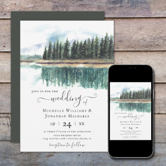Wasserfarbe Rustikaler See | Bergsee Wedding Einladung