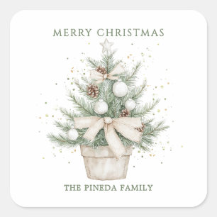 Wasserfarbe Rustikaler Weihnachtsbaum Quadratischer Aufkleber
