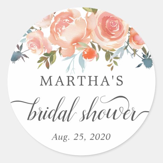 Wasserfarbe Rustikales Peach Floral Brautparty Gef Runder Aufkleber (Vorderseite)