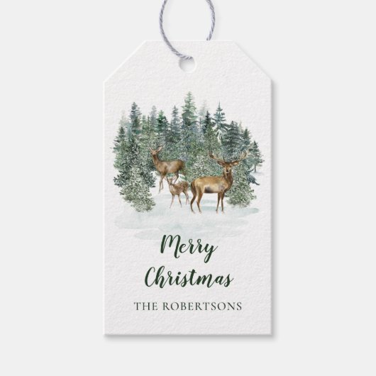 Wasserfarbe Rustikales Waldland Hirsche Weihnachte Geschenkanhänger (Vorderseite)