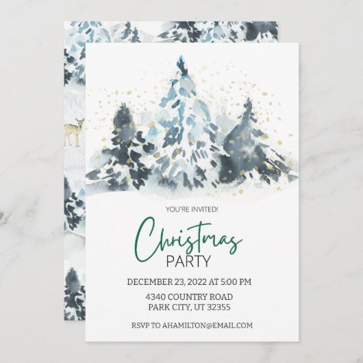 Wasserfarbe Rustikales Weihnachtsgebirge Party Hir Einladung (Vorne/Hinten)