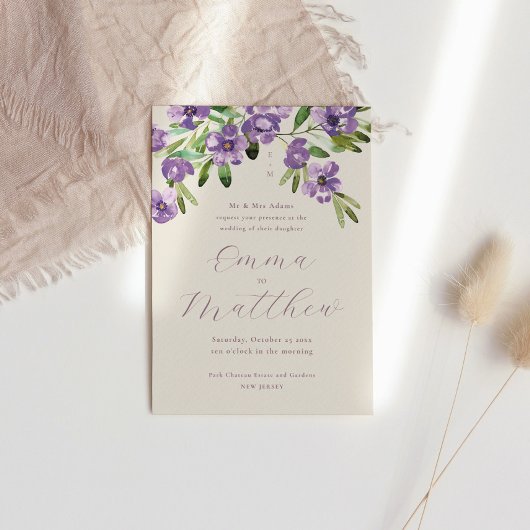 Wasserfarbe Rustische Blume Lila Hochzeit Einladung