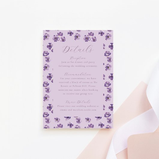 Wasserfarbe Rustische Blume Lila Hochzeitdetails Begleitkarte