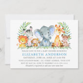 Wasserfarbe Safari Tiere Baby Dusche Blue Silver Einladung (Vorderseite)