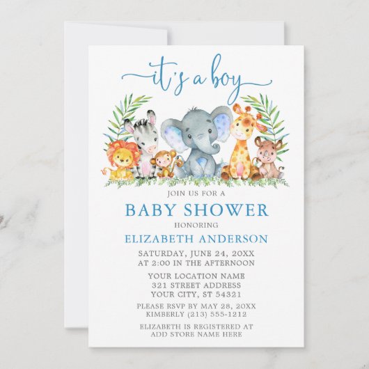 Wasserfarbe Safari Tiere Blue Script Boy Dusche Einladung (Vorderseite)