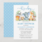 Wasserfarbe Safari Tiere Blue Script Boy Dusche Einladung (Vorne/Hinten)