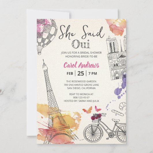 Wasserfarbe sagte sie Oui Eiffel Tower Brautparty Einladung (Vorderseite)