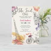 Wasserfarbe sagte sie Oui Eiffel Tower Brautparty Einladung (Stehend Vorderseite)