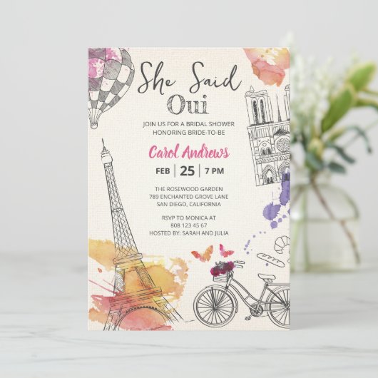 Wasserfarbe sagte sie Oui Eiffel Tower Brautparty Einladung (Stehend Vorderseite)
