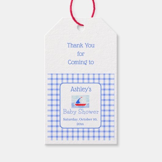 Wasserfarbe Sailboat Blue Karo Babydusche Geschenkanhänger (Vorderseite)