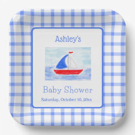 Wasserfarbe Sailboat Blue Karo Babydusche Pappteller