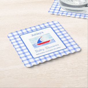 Wasserfarbe Sailboat Blue Karo Babydusche Untersetzer