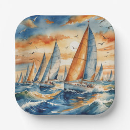 Wasserfarbe Sailboat Regatta Pappteller