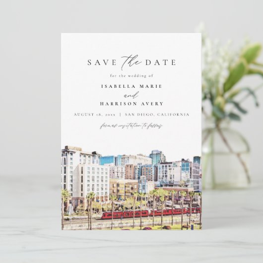 Wasserfarbe San Diego Skyline Strand Speichern Sie Einladung (Stehend Vorderseite)