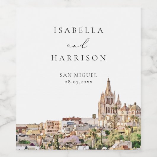 Wasserfarbe San Miguel Skyline Hochzeitsweinlabel Weinetikett (Einzelnes Label)