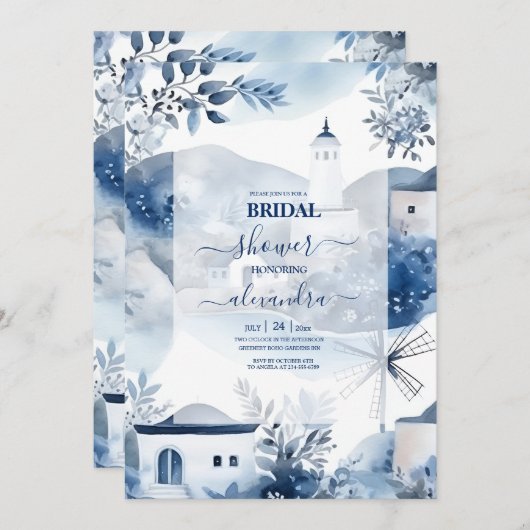 Wasserfarbe Santorin Zielort Bridal Einladung (Vorne/Hinten)