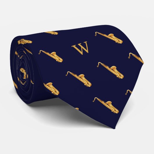 Wasserfarbe Saxophon Jazz Musik Mit Monogramm Blau Krawatte (Gerollt)