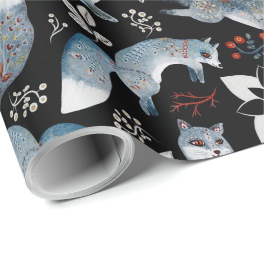 Wasserfarbe Scanidnavian Nordic Fox Schwarz Geschenkpapier (Rolleneckpunkt)