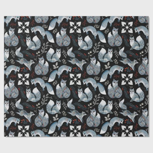 Wasserfarbe Scanidnavian Nordic Fox Schwarz Geschenkpapier (Flach)