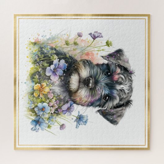 Wasserfarbe Schnauzer Welpe mit Goldrahmen Puzzle (Horizontal)