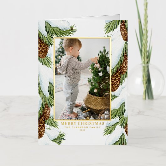 Wasserfarbe Schnee Pinecones Foto Frohe Weihnachte (Vorderseite)