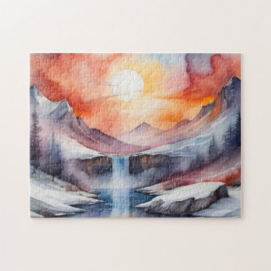 Wasserfarbe schneebedeckte Berge bei Sonnenunterga Puzzle