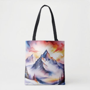 Wasserfarbe schneebedeckte Berge unter rotem Himme Tasche