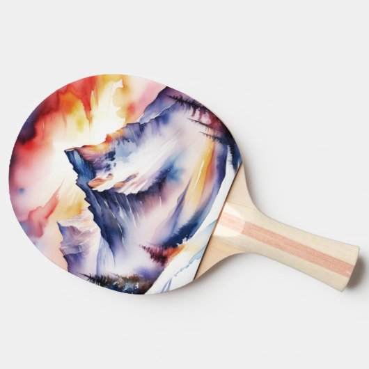 Wasserfarbe schneebedeckte Berge unter rotem Himme Tischtennis Schläger (Seitenansicht)