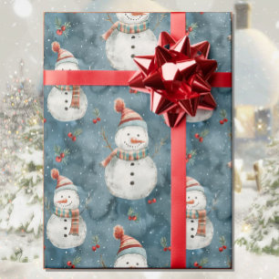 Wasserfarbe Schneemann Weihnachtszeit Hütte Land Geschenkpapier