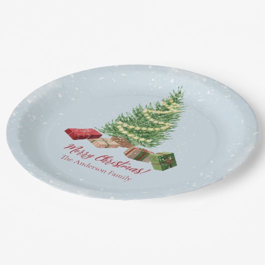 Wasserfarbe Schneeweihnachtsbaum und Geschenke Pappteller (Schrägansicht)