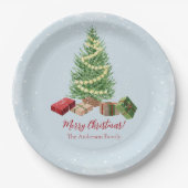 Wasserfarbe Schneeweihnachtsbaum und Geschenke Pappteller (Vorderseite)