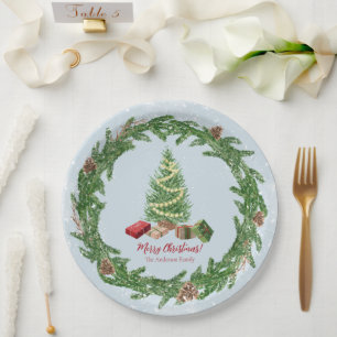 Wasserfarbe Schneeweihnachtsbaum und Geschenke Pappteller