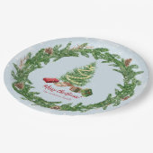 Wasserfarbe Schneeweihnachtsbaum und Geschenke Pappteller (Schrägansicht)