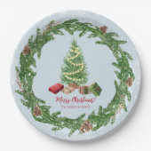 Wasserfarbe Schneeweihnachtsbaum und Geschenke Pappteller (Vorderseite)