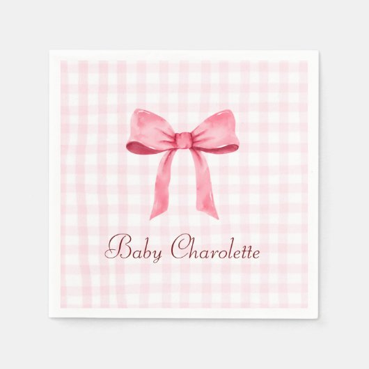 Wasserfarbe Schöne klassische Gingham Pink Bow Gir Serviette (Vorderseite)