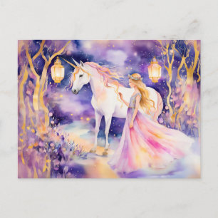 Wasserfarbe Schöne Prinzessin und Einhorn Postkarte