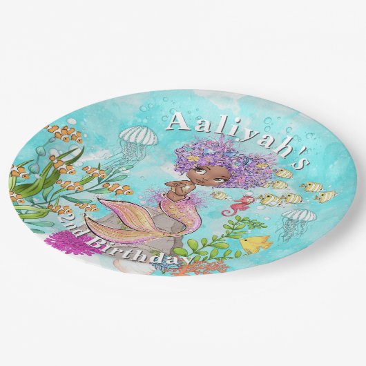 Wasserfarbe Schönes Brown Kleine Meerjungfrau Gebu Pappteller (Schrägansicht)