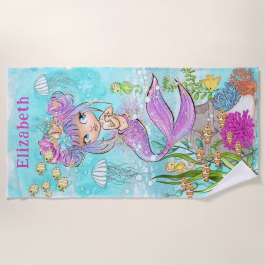 Wasserfarbe Schönes kleines Meerjungfisch Badetuch (Vorderseite)