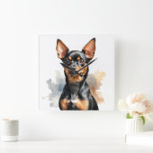 WASSERFARBE, SCHWARZ UND KLEINE MINIATURPINSCHER H QUADRATISCHE WANDUHR (Zuhause)