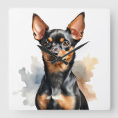 WASSERFARBE, SCHWARZ UND KLEINE MINIATURPINSCHER H QUADRATISCHE WANDUHR (Vorderseite)