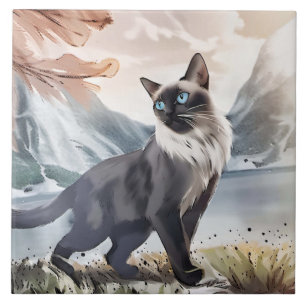 Wasserfarbe Schwarz und Weiße Flusskatze in der Na Fliese