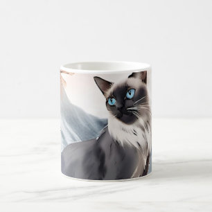 Wasserfarbe Schwarz und Weiße Flusskatze in der Na Kaffeetasse