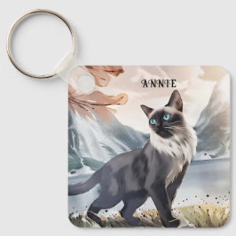 Wasserfarbe Schwarz und Weiße Flusskatze in der Na Schlüsselanhänger