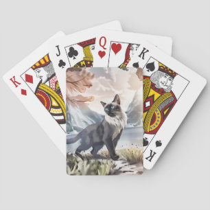 Wasserfarbe Schwarz und Weiße Flusskatze in der Na Spielkarten