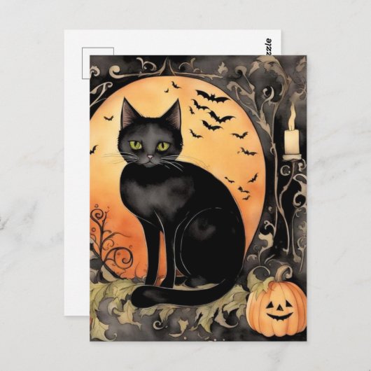 Wasserfarbe Schwarze Halloween-Katze Postkarte (Vorne/Hinten)