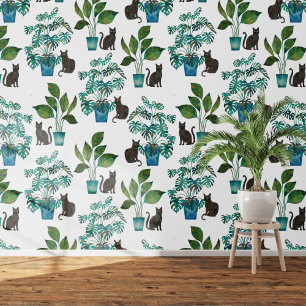 Wasserfarbe Schwarze Katze Monstera Tapete