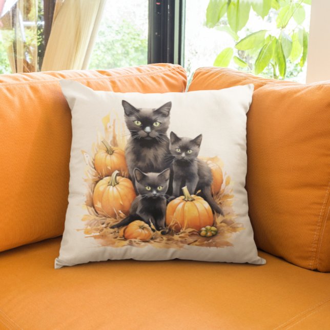 Wasserfarbe Schwarze Katze und Kätzchen Pumpkin Kissen (Von Creator hochgeladen)