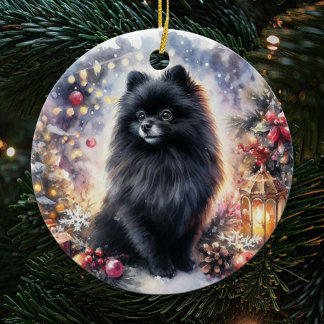 Wasserfarbe Schwarzer Spitz Feierliche Weihnachten Keramik Ornament