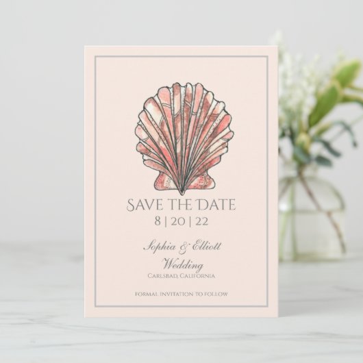 Wasserfarbe Seashell Beach Hochzeit Save The Date (Stehend Vorderseite)