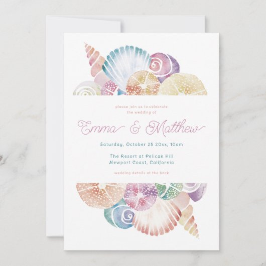 Wasserfarbe Seashell Hochzeitsdetails Zurück, Qr & Einladung (Vorderseite)